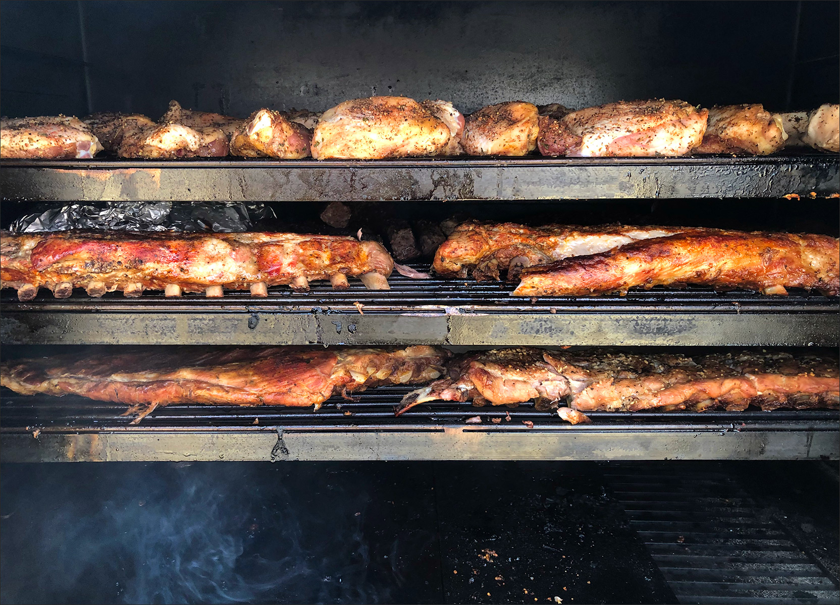 Chicken and Ribs on a Peacemaker Grill Cabinet Smoker Andrew Parent